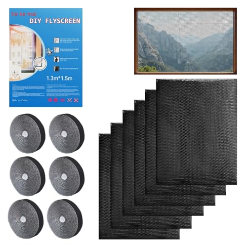 Venprodium 6 Stück Fliegengitter Fenster 130 x 150 cm, Insektenschutz Fenster mit Klettband Selbstklebend, Fliegennetz Fenster, Moskitonetz Fenster, Zuschneidbar, für Fenster und Türen, Schwarz