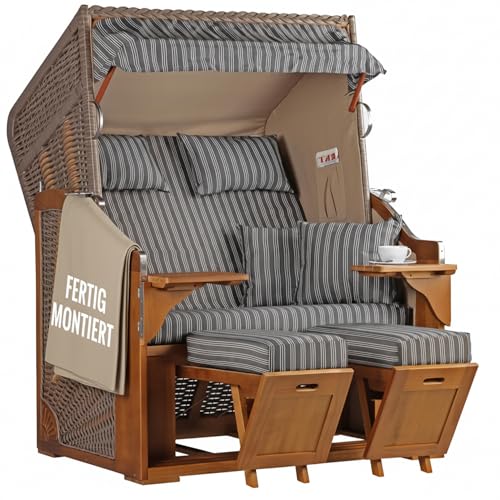 MR. DEKO Strandkorb Schleswig Pinie Braun PE Mokka Dessin 553 | 2 Sitzer wetterfest | Ostseefeeling Garten Balkon | Roofed Wicker Beach Chair | Volllieger Pinienholz | Fertig montiert