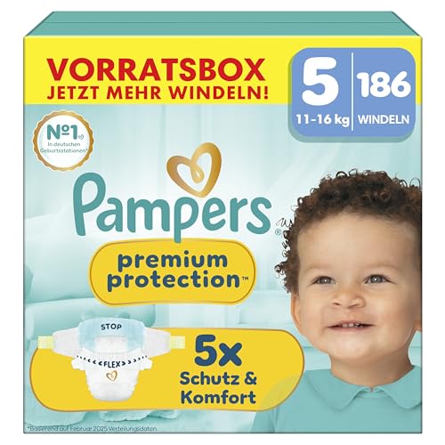 Pampers Premium Protection Größe 5, 186 Windeln, 11kg-16kg, unser Nr. 1 Haut- und Auslaufschutz