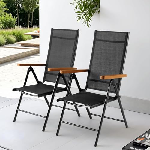 Clevich Gartenstuhl Hochlehner 2er Set, Aluminium Balkonstuhl, Alu Klappstuhl, Klappbar Campingstuhl, Teakbraun WPC Armlehnen, 7-Fach Verstellbar Rückenlehne, Atmungsaktiv & Wetterfest