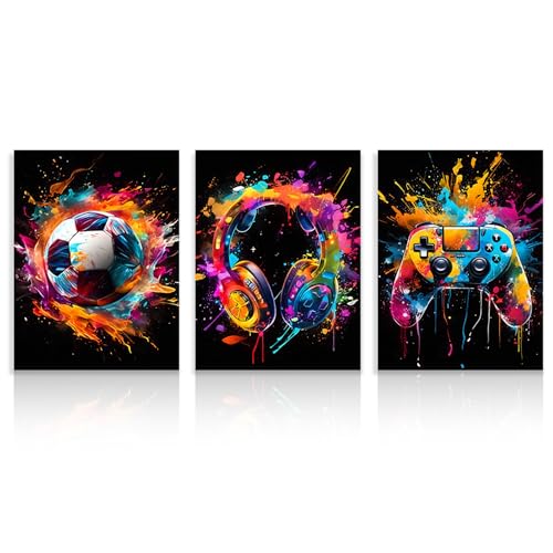 Dazzlewall 3 Stück Graffiti Jungenzimmer Wandbilder, Bunte Fußball Kopfhörer Gamepad Bilder für Schlafzimmer Jugendzimmer Spielzimmer Deko 12x16 Zoll Ungerahmt