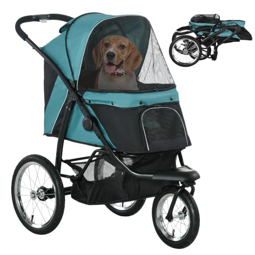 PawHut Hundewagen Klappbar für Hunde Katzen bis 20 kg Buggy Dunkelgrün | Hundebuggy, Katzenbuggy, Katzenwagen, Geländegängige Gummiräder, Kissen, Netzfenstern, Türen, Aufbewahrungskorb