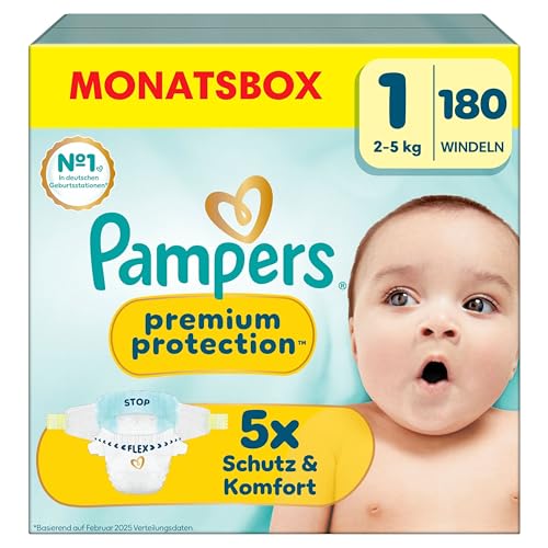 Pampers Premium Protection Größe 1, 180 Windeln, 2kg-5kg, unser Nr. 1 Haut- und Auslaufschutz