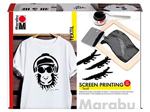 Marabu 1703000000082 - Textil Screen Printing Set, Siebdruckset für helle und dunkle Textilien mit 100 ml Druckfarbe in schwarz, einem Siebrahmen, einem Rakel und einem Malmesser