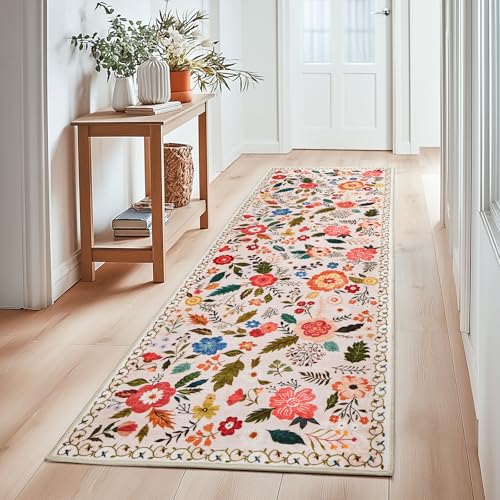 Puremy Waschbarer Flur Teppich Kurzflor Läufer, Vintage Blumenmuster Niedriger Flor, Wohnzimmerteppich Weich Teppiche für Bettvorleger Matte/Deko/Schlafzimmer/Kinderzimmer, 80x150cm, Beige
