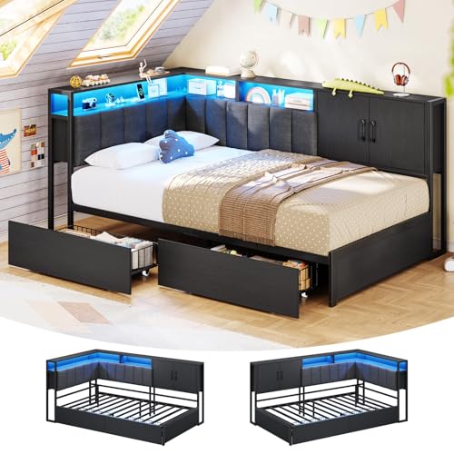 KIMENICH Polsterbett Schlafsofa 90x200 mit LED-Beleuchtung, Ladestation, Tagesbett, Jugendbett mit 2 Schubladen und Lattenrost aus Metall, Kopfteil mit Offenem Regal, Schrank, Schwarz