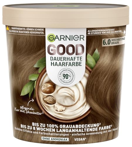 Garnier GOOD Dauerhafte Haarfarbe 6.0 Mochaccino Braun, permanente Coloration, ohne Ammoniak, bis zu 100% Grauabdeckung, bis 8 Wochen langanhaltende Farbe, einfache Anwendung, angenehmer Duft, 1 Stk.