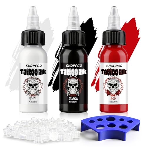 Dynamic Tattoo Ink, Tattoo Farbe Rot Black Weiß, Tattoofarbe Set enthält Tattoo-Tintenbecher, Tätowierfarbenhalter, Lang anhaltende Farbe, Verblasst Nicht Leicht, 30ml*3