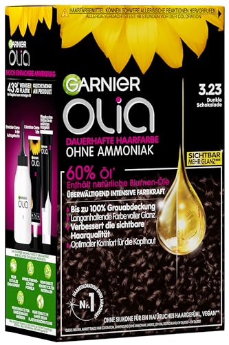 Garnier Olia Dauerhafte Haarfarbe ohne Ammoniak, Mit pflegenden und natürlichen Ölen, intensive Farbkraft, Vollständige Grauhaarabdeckung, Permanente Coloration, Nr. 3.23 Dunkle Schokolade, 1 Stück