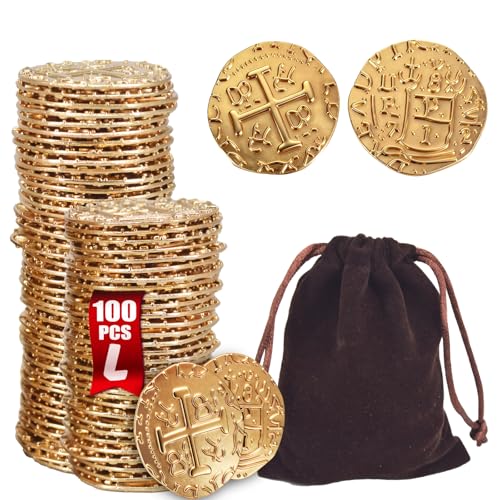 ZUCOS Piraten Münzen Zubehör,Goldmünzen-Set, Metall Goldtaler Deko Dublonen für DND Brettspiele, Cosplay, Realistische Mittelalter Geld-Imitation, Piratenschatz (100 PCS)