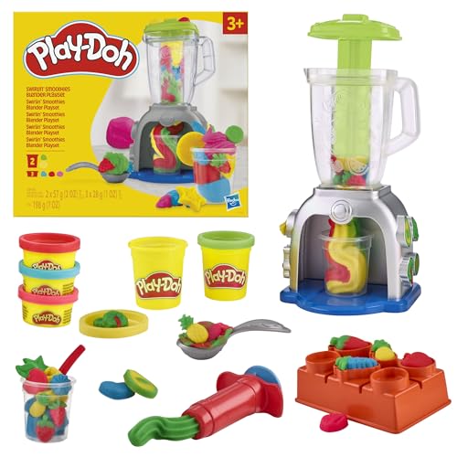 Play-Doh Smoothie Mixer, Bastelset mit Küche, 2 x 57g & 3 x 28g Dosen Bunte Knete für Zutaten, kreatives Spielen für Kinder ab 3 Jahren