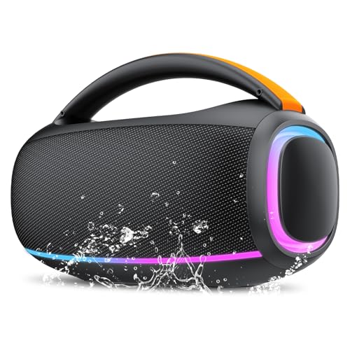 Ajblg Bluetooth Lautsprecher mit Licht, Musikbox Bluetooth, Dualen Bass-Treibern, IPX7 Waterproof, TWS, AUX, TF, Bluetooth Box Geeignet Outdoor/Party/Baustelle