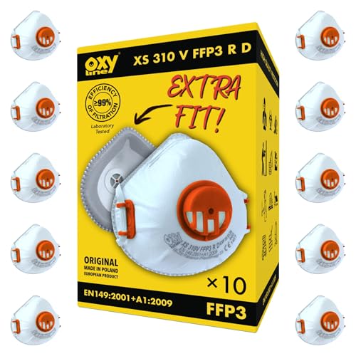 Oxyline XS 310 V FFP3 R D Wiederverwendbare Halbmaske Staubmaske Atemschutzmaske Schutzmaske mit Ventil, EXTRA FIT 10 Stk