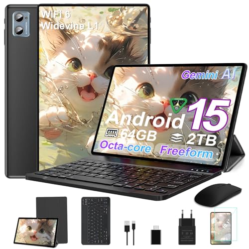 SUAAT 2026 Tablet Android 15 Octa Core Tablets 10 Zoll mit 64 GB ROM + 2 TB TF | 5G + 2,4G WiFi |GMS| Bluetooth 5.0 |8 MP + 5 MP | Typ C,Touchscreen-Tablet mit Hülle, Tastatur und Maus-Schwarz