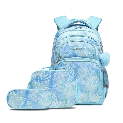 Cusangel Schulrucksack für jungen,kinderrucksäcke mit Brustgurt kinder,Grosse Kapazität Grundschulrucksack,Rucksack,ab der 1-7.Klasse mädchen (Blau-3er-Set)