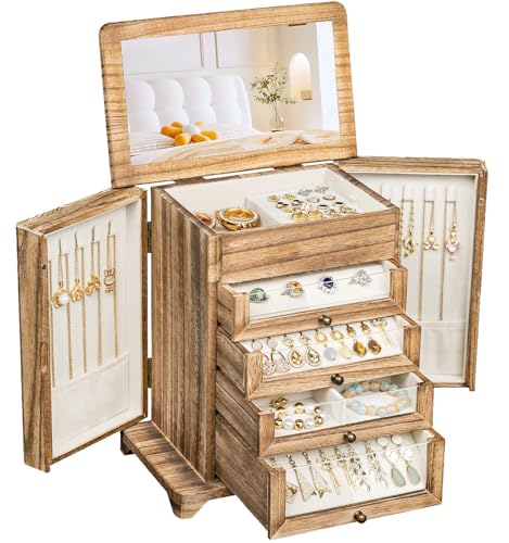 amoard Große Schmuckschatulle und Organizer für Damen,für Halsketten Ohrringe Armbänder Ringe, 4 Ebenen Schmuck Organizer Schmuckbox mit Schubladen und Spiegel (Braun)