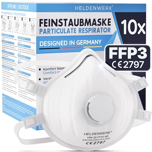 HELDENWERK® FFP3 Maske mit Ventil – 5er, 10er oder 20er Set – Atemschutzmaske/Staubschutzmaske zertifiziert Ausatemventil – Staubschutzmasken mit verstellbaren Hinterkopfband (10er Vorteilspack)