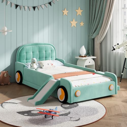 Merax Kinderbett 90x200 cm mit Rutsche und Treppe, Autobett mit Polsterung und Fallschutz, Spielbett für Kinderzimmer, Niedriges Polsterbett mit flexibel montierbarer Rutsche, Blaugrün