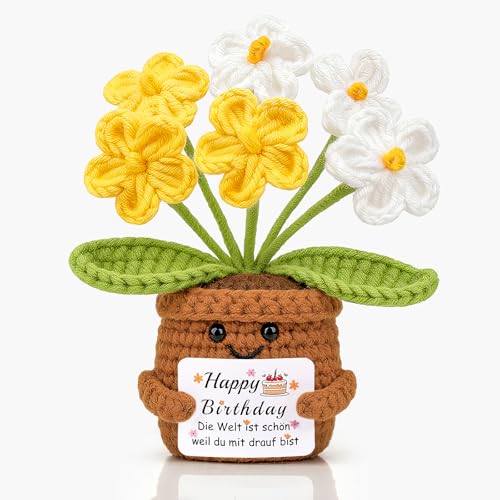 Mwmoeen Gestrickte Blumen Geburtstagsgeschenk für Frauen, Handgemachte Vergissmeinnicht Gelb Geburtstags Blumen, Pocket Hug Positive Geschenk für Freundin Frau Mama