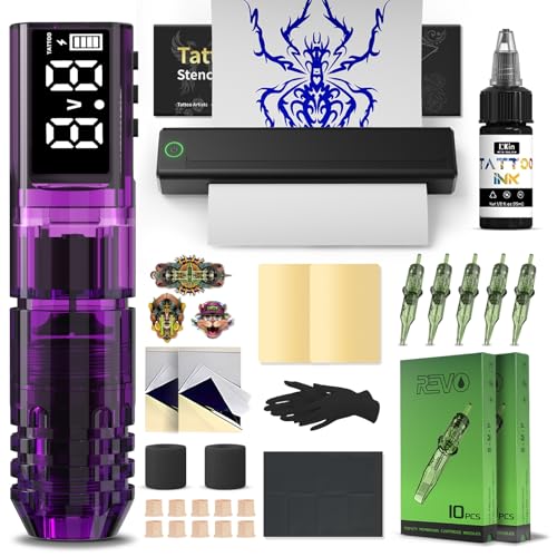 INKin Tattoo Maschine Set Anfänger, Kabelloser Tätowiermaschine mit 4.2mm Hublänge und 1600mAh Batterien, Tattoo Zubehör Set Komplett mit Tattoo Drucker Bluetooth,Stencil Stuff,Tattoo Farbe und Nadeln