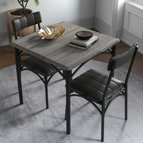 Koioplie Esszimmertisch-Set 1 Tisch 2 Stühle, Küchentisch mit gepolsterten Stühlen, kompaktes Esstisch-Set aus Holz und Eisengestell, platzsparend, pflegeleicht, einfache Montage, Zementgrau