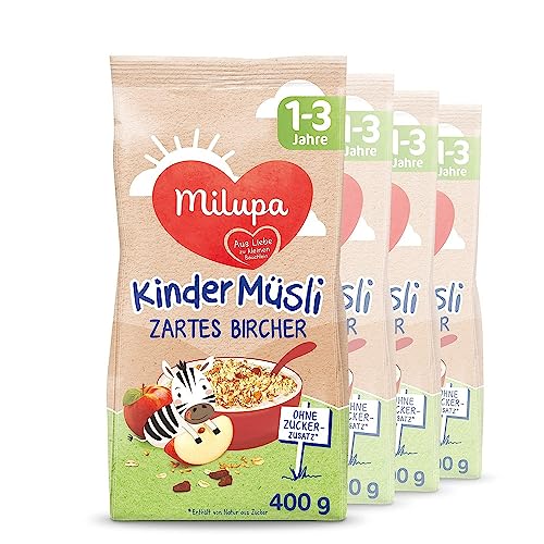Milupa Kindermüsli Zartes Bircher – Getreide Frühstück Müsli von 1 bis 3 Jahre, Ohne Zuckerzusatz, Babynahrung, 4 x 400g