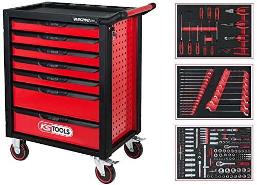 KS Tools 826.7215 RACINGline SCHWARZ/ROT Werkstattwagen mit 7 Schubladen und 215 Premium-Werkzeugen
