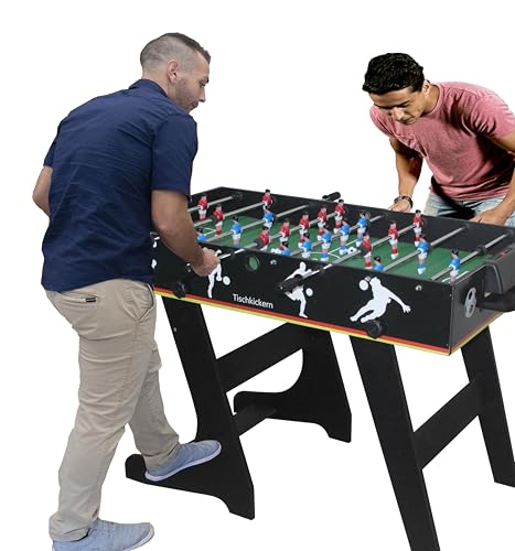 Izzy Riesen 13 teilig Tischkicker KLAPPBAR mit Teleskop Hohlstangen, platzsparend faltbar Kickertisch Tischfussball Profi Kicker Erwachsene und Kinder, Inkl. 3 Bälle, Sandkast