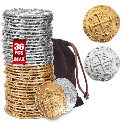 ZUCOS Piraten Münzen Zubehör,Goldmünzen-Set, Metall Goldtaler Deko Dublonen für DND Brettspiele, Cosplay, Realistische Mittelalter Geld-Imitation, Piratenschatz (Gold and Silver 36 PCS, Large)