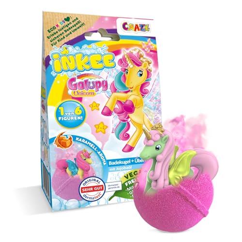 INKEE Surprise Galupy Unicorn | Einhorn Badebombe Kinder mit Überraschung, Badekugel 100g mit GALUPY Einhornfiguren, Karamellduft & Jojobaöl