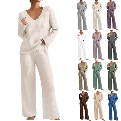 RLEHJN Jogginganzug Damen Lang Gerippt Hausanzug Kuschelig Einfarbig Pyjama Set Elegant Langarm Nachtwäsche Zweiteiler Weich Strickanzug Loungewear Freizeit Trainingsanzug für Herbst Winter