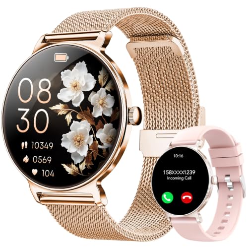 Smartwatch Damen mit Telefonfunktion, 1,27-Zoll AMOLED-HD Voll-Touchscreen Smartwatch, 120+ Sportmodi, IP68 Wasserdicht Fitness Tracker mit Herzfrequenz, Schlafmonitor für iOS Android, Roségold