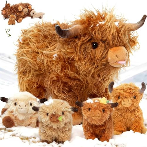 OUOZZZ 5er Highland Cow Kuscheltier Kuh,Hochlandrind mit 4 Babys im Bauch