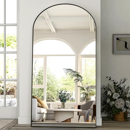 BEAUTYPEAK Großer Bogen Ganzkörperspiegel 218x102 cm, Gewölbter Standspiegel hängend oder lehnend an die Wand, groß Bodenspiegel mit Ständer für Schlafzimmer, Wohnzimmer oder Ankleidezimmer, Schwarz