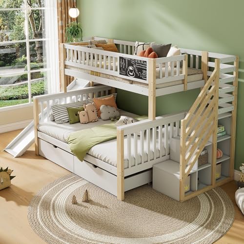 Gxffipw Etagenbett 2 Kinder Kinderbett 90x200 & 140x200 cm mit Rausfallschutz und Schublade, Hochbett mit Rutsche und Treppe, Stockbett Holzbett Bettrahmen mit Lattenrost, Weiß+Natur, Ohne Matratze
