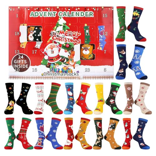 Viunychn Adventskalender 2026 Socken Damen Herren Frauen Männer 12/24 Paar Weihnachtssocken Bunte Lustige Motiv Weihnachtskalender Socken Teenager Mädchen Warme One Size Unisex Kuschelsocken