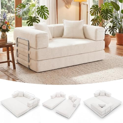 YINIX Faltbares Schlafsofa 160cm Breite Doppelbett, Modulares Bodensofa, Cord Wolkensofa mit Metallrahmen, 2 Sitzer Gästebett Klappbar, rutschfest, Waschbar (Creme, 160cm (2-Sitzer))