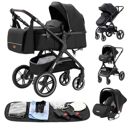 YAZOCO kinderwagen 3 in 1 Buggy Babybett Komplett Set Einem Klick Zusammenklappbarer Kinderwagen, KombiKinderwagen Aluminiumrahmen für Neugeborene Sitzzubehör (1 schwarz)