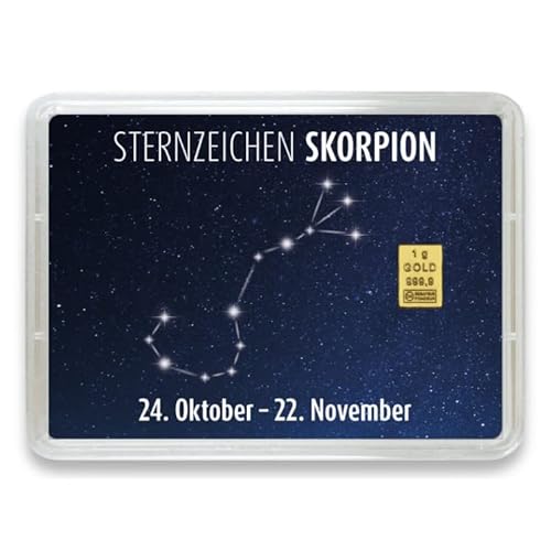 Goldstücke24 - Goldbarren mit Sternzeichen in Motivbox - Tolle Geschenkidee - Echtheitsgarantie (Skorpion: 24. Oktober - 22. November, 1g Gold)