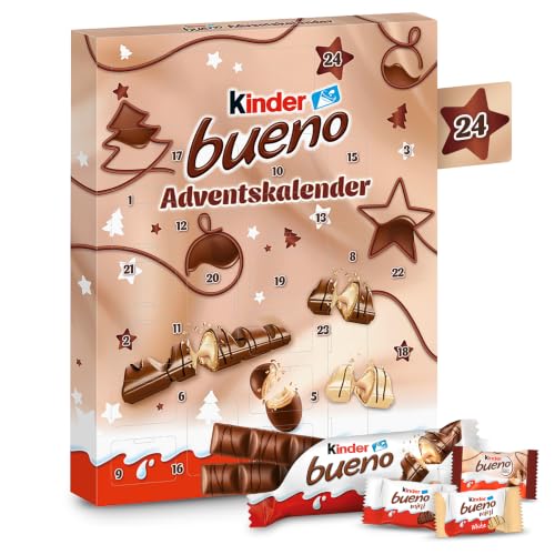 kinder bueno Adventskalender 2026 - Schokolade & Mini-Eier, 181 g | Tag für Tag Süßigkeiten entdecken, Vollmilch-Schokolade mit feiner Haselnusscreme, zu Weihnachten, Advent, Weihnachtskalender