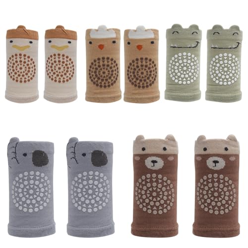 VOSSOT Knieschoner Baby Krabbeln & Krabbelsocken Set, 5 Paar Krabbel Baby Knieschoner + 2 Stoppersocken Anti Rutsch Elastische Socken Kind, Niedliche Krabbel Knieschoner zum Krabbeln, Krabbelhilfe