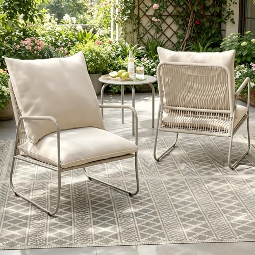 ALAULM 3-teilige Gartenmöbel-Set, Balkonmöbel aus Atmungsaktive PE-Rattan Gartenstühle mit Kissen & Runder Couchtisch, Balkonmöbel Set für Garten, Balkon, Terrasse(Beige)