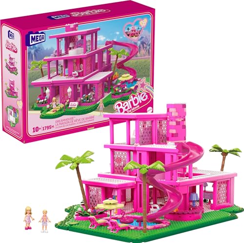 Barbie THE Movie - MEGA Puppenhaus für Filme Fans,Konstruktionsspielzeug für Erwachsene, Nachbildung des Traumhauses, enthält 4 kleine Puppenr, HPH26