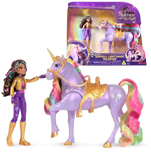 Unicorn Academy - Sophia und Licht-Magie Wildstar Set, ca. 12 cm Originalfiguren zur Netflix Serie, mit Mähne, Schweif sowie magischer Leuchtfunktion & Regenbogensternen, ab 4 Jahren