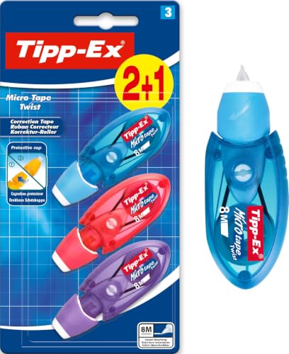 Tipp-Ex Korrekturroller Micro Tape Twist mit Schutzkappe, in 3 Farben (nicht wählbar), 8m x 5 mm, 3er Pack, Ideal für die Schule
