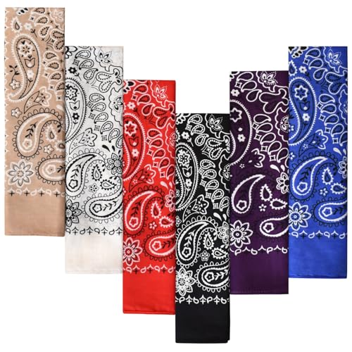 Every-ville 6er Pack Baumwoll-Bandanas für Damen & Herren - Geschenkverpackung, 55x55 cm, Paisley-Muster, doppelseitig, Rot/Weiß/Schwarz/Blau/Lila/Beige - Cowboy/Cowgirl-Accessoire als Halstuch