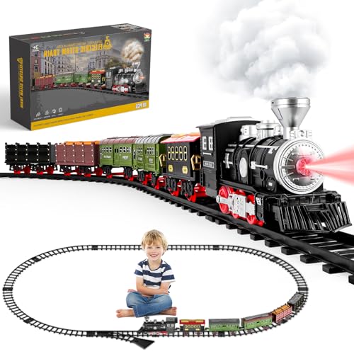 deAO Dampfzug Spielzeug, Retro Zug Elektrisch mit Dampf Sprühdüsen, Licht, Geräuschen/Geräuschloser, Elektrische Eisenbahn Kinder Weihnachtszug Geschenk für Kinder ab 3+Jahren (6 Waggons)