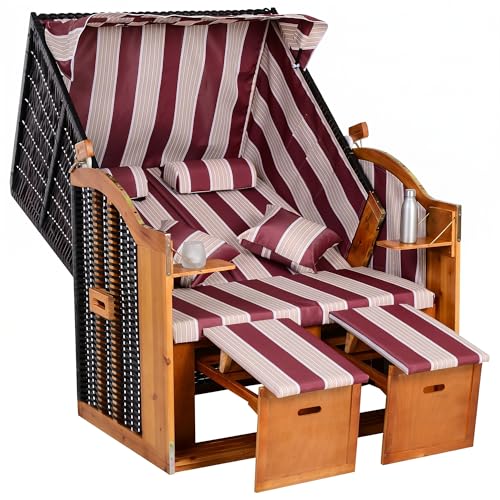 Outsunny Strandkorb Ostsee Volllieger 2-Sitzer aus Tannenholz Rot+Weiß