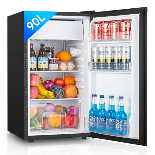 FOHERE Kühlschrank mit Gefrierfach 90L | Kühlschrank Klein mit Obst- und Gemüsefach | 7 Einstellbare Temperaturregelung | 84kWh/Jahr | Türanschlag wechselbar | Verstellbare Füße | Schwarz