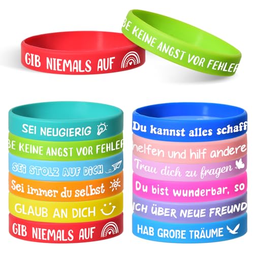 LVZONGXIN 24 Stück Motivationsarmbänder Kinder auf Deutsch 20cm Silikonarmband Mitgebsel Mitbringsel Kindergeburtstag Einschulung Geschenk Schultüte Füllung Schulkind Mutmacher Abschiedsgeschenk